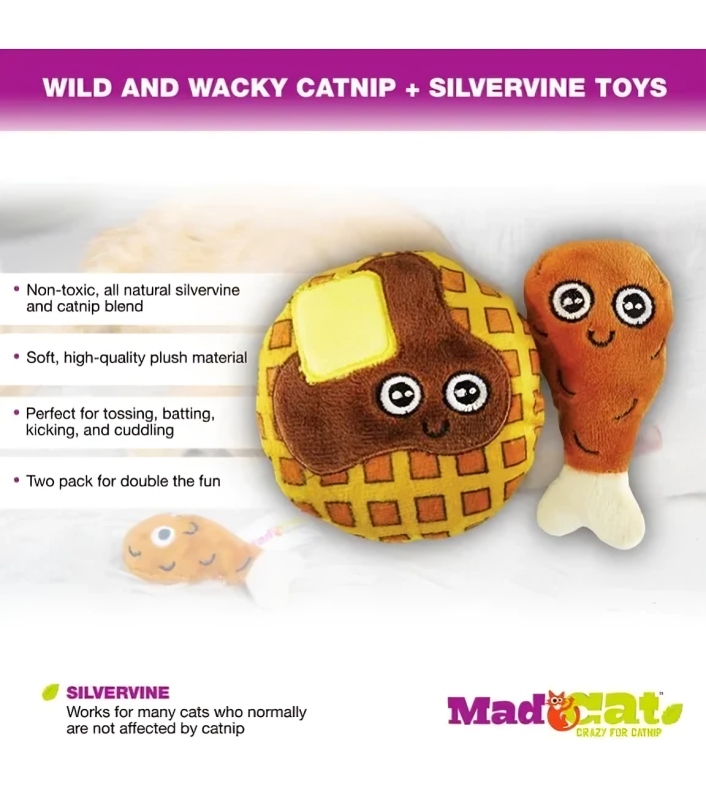 Mad Cat Chicken & Waffles Cat Toy Set – 2-Pack Plush Toys with Catnip & Silvervine for Interactive Play