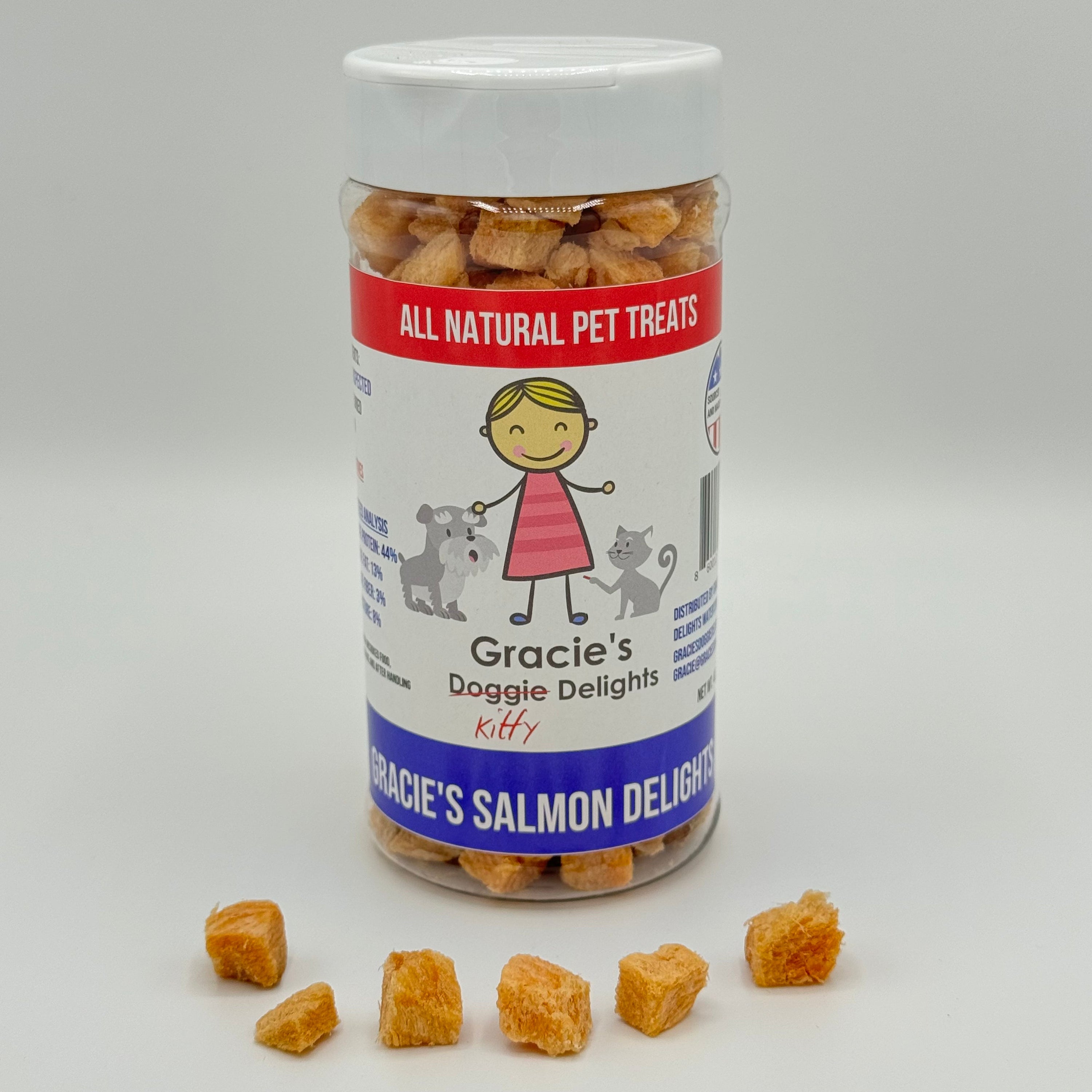 Gracie’s Salmon Delights – USA Freeze-Dried Salmon Cat Treats (4oz Shaker)