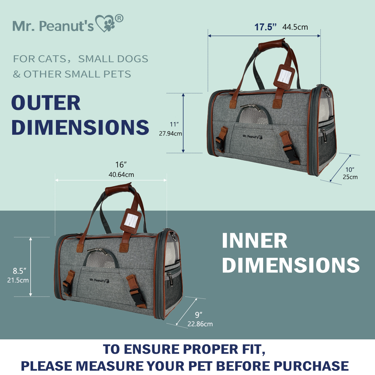 Mr. Peanut's Gold Series Airline Approved Pet Carrier – Soft-Sided Travel Tote for Cats & Small Dogs, Fits Under Airline Seats