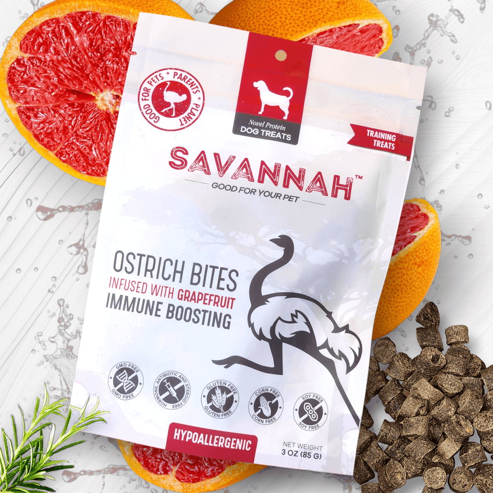 Savannah Ostrich Bites with Grapefruit (3oz) โ Hypoallergenic, Immune-Boosting Dog Treats Packed with Flavor
