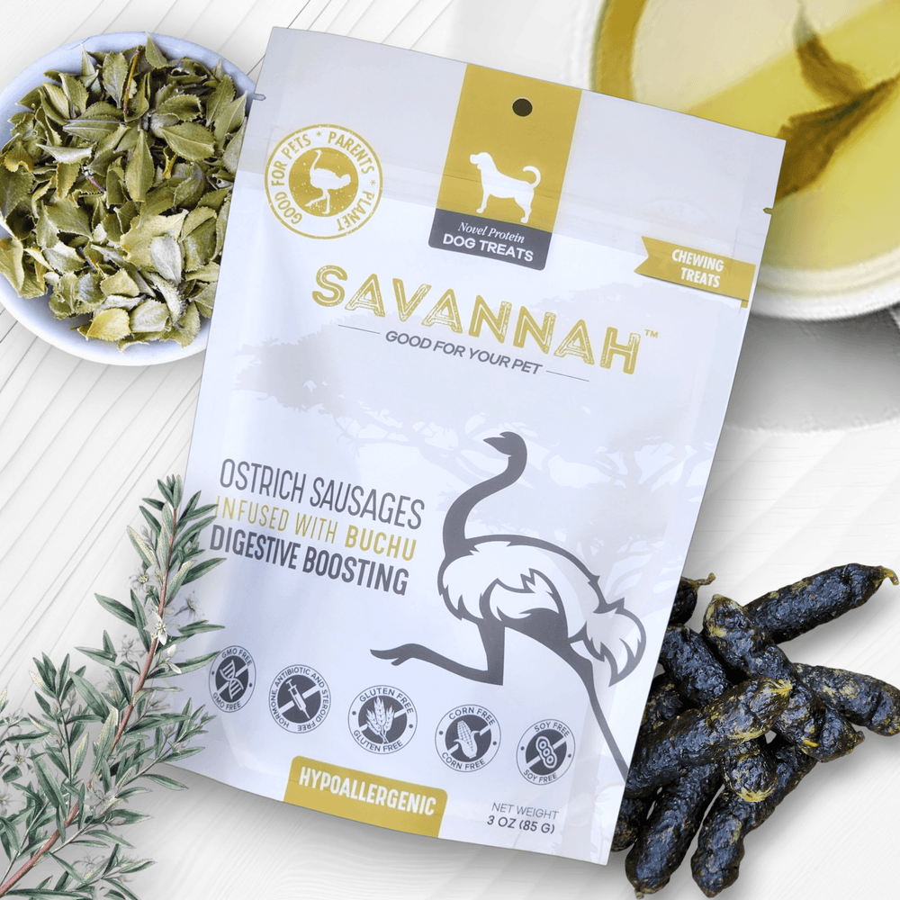 Savannah Ostrich Sausages with Buchu (3oz) โ Tasty, Hypoallergenic Dog Treats for Digestive Support