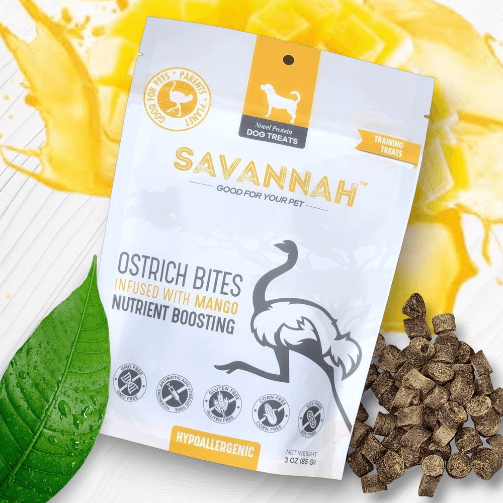 Savannah Ostrich Bites with Mango (3oz) – Hypoallergenic, Tropical Dog Treats Packed with Protein & Flavor