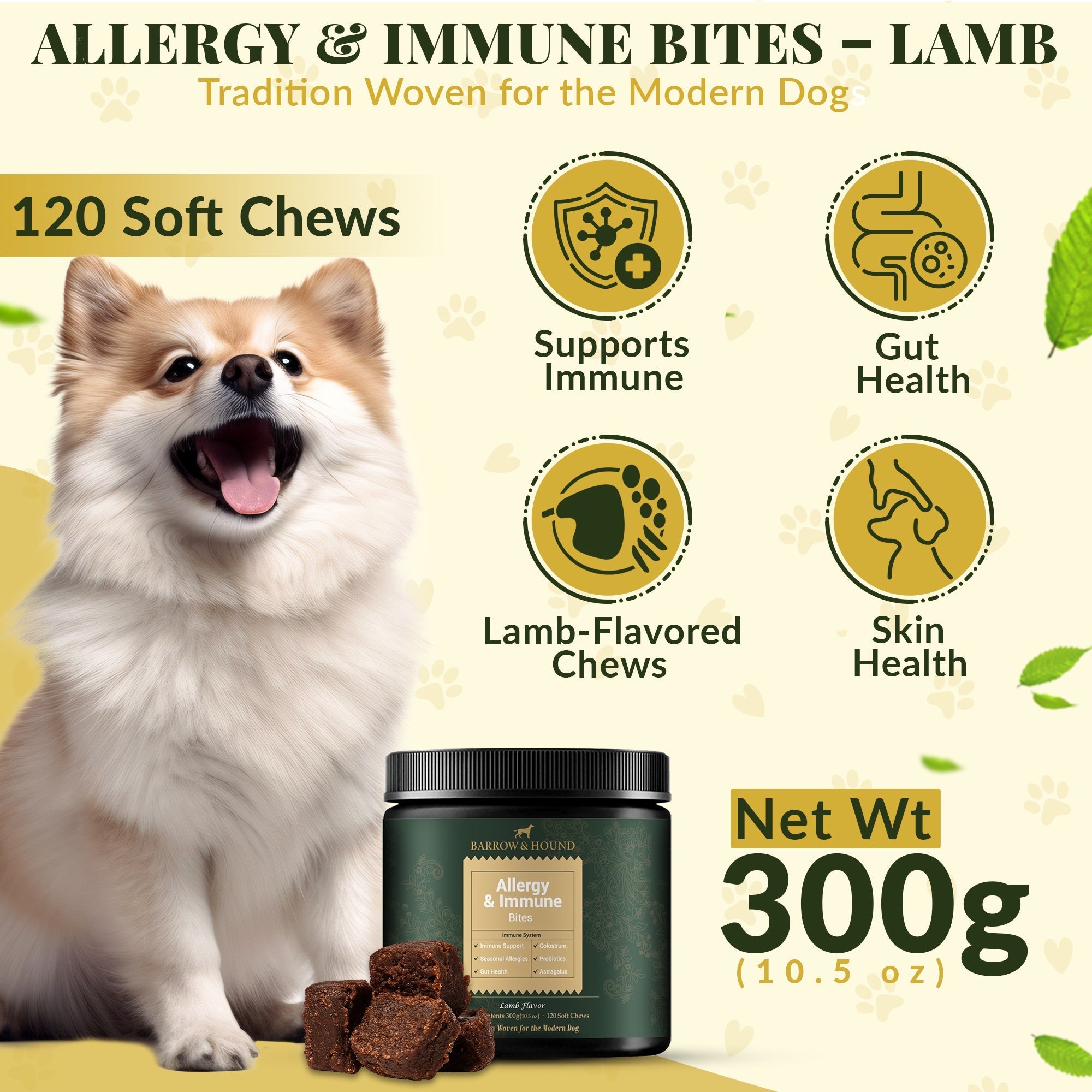Barrow & Hound Allergy & Immune Bites for Dogs – Colostrum, Probiotics & Omega-3 – Seasonal Allergy & Itchy Skin Relief – Peanut Butter Flavor