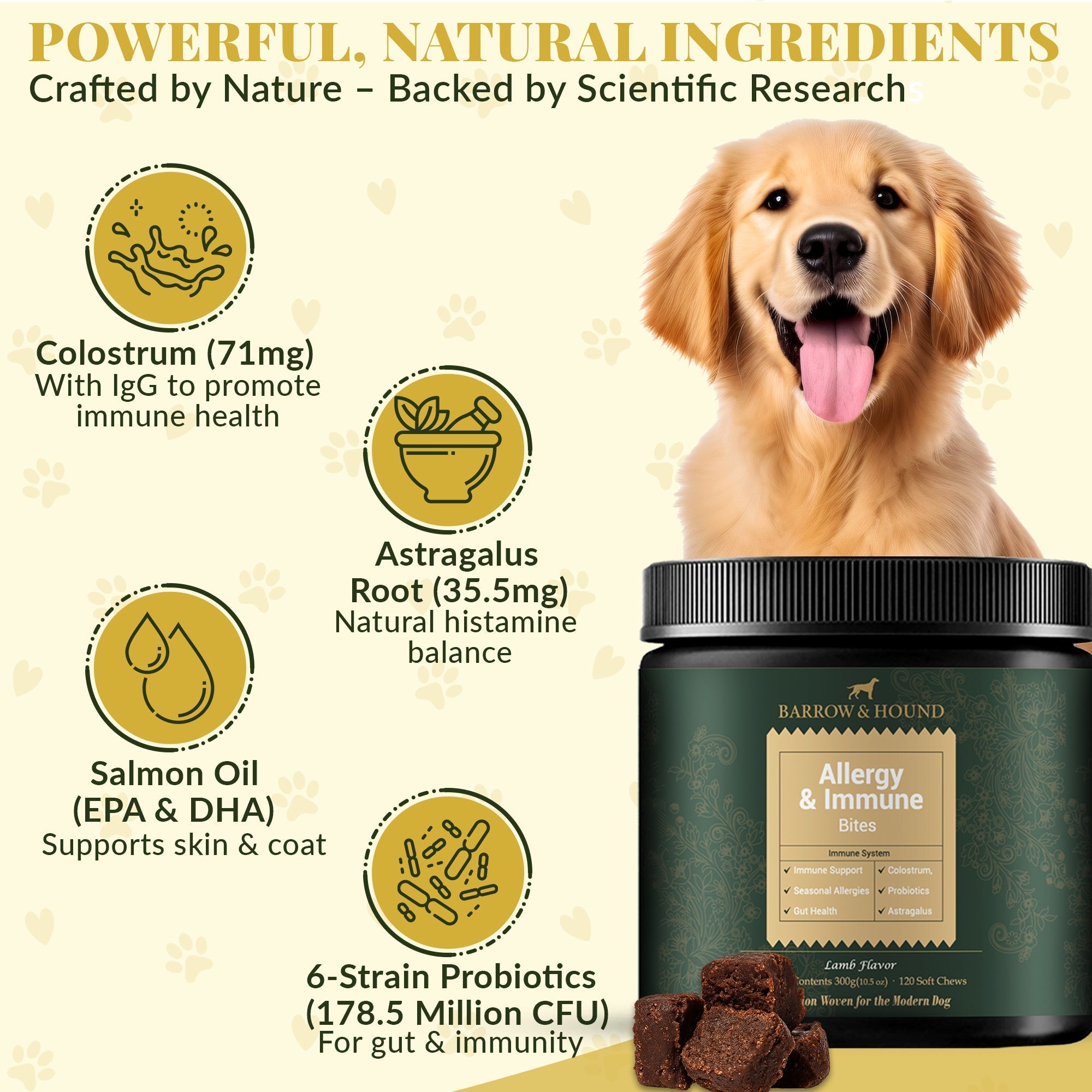 Barrow & Hound Allergy & Immune Bites for Dogs – Colostrum, Probiotics & Omega-3 – Seasonal Allergy & Itchy Skin Relief – Peanut Butter Flavor