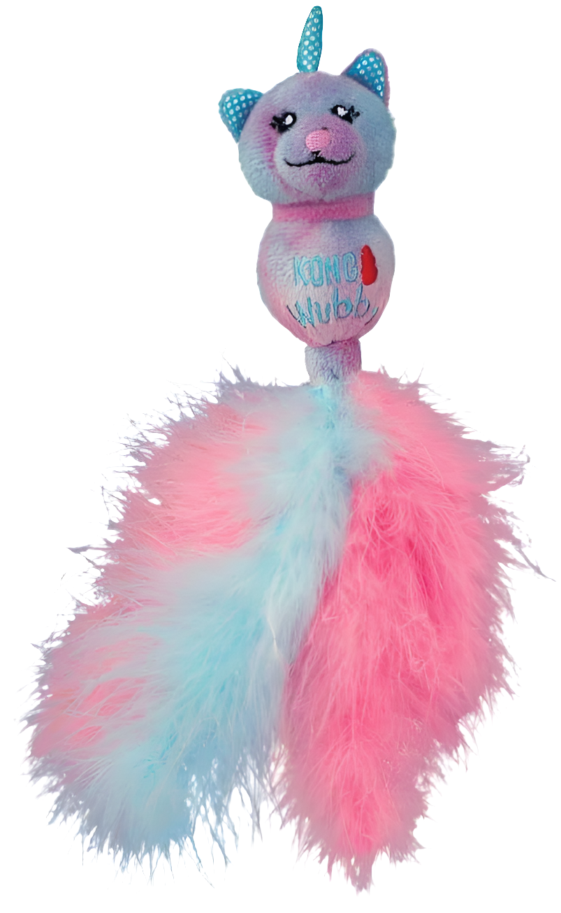 KONG Wubba Caticorn Cat Toy – Pink & Blue Catnip Toy with Feathers, Rattle & Kicking Fun (One Size)