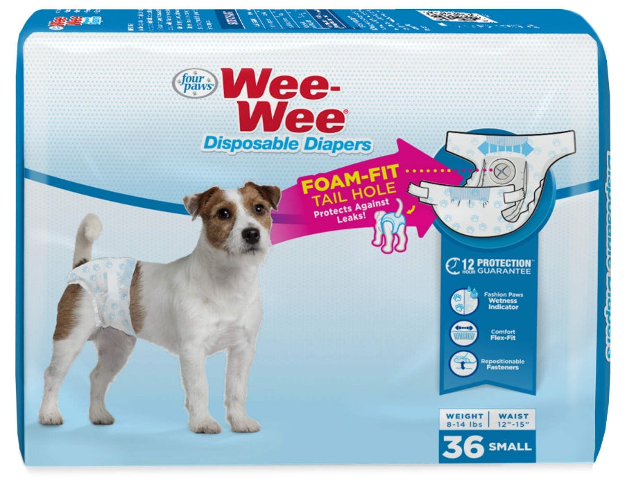Small Disposable Dog Diapers - Four Paws Wee Wee, Leak-Proof Protection - 36 ct