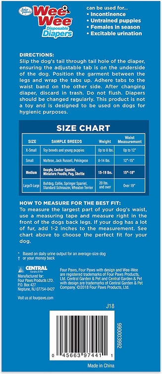 Small Disposable Dog Diapers - Four Paws Wee Wee, Leak-Proof Protection - 36 ct
