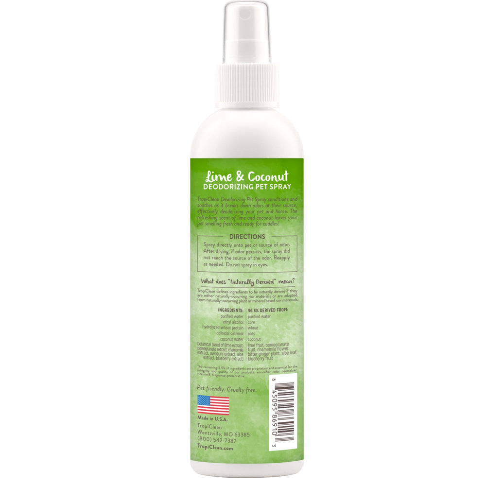 TropiClean Pet Deodorizing Spray Neutralizing & Conditioning Spray for Dogs & Cats – Lime & Coconut Scent, (8oz)