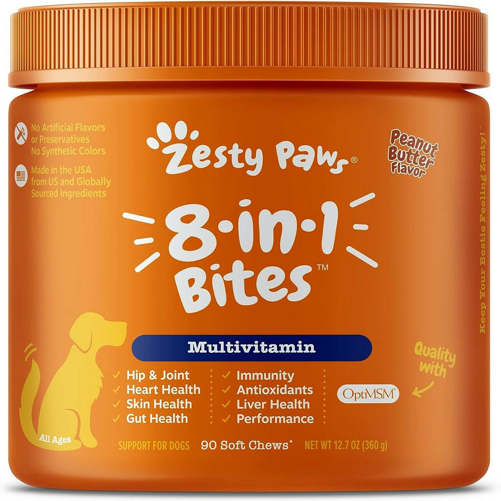 Zesty Paws 8-in-1 Dog Multivitamin – Peanut Butter Flavored Soft Chews for Hip, Joint, Skin, Heart & Immune Health (90 ct)