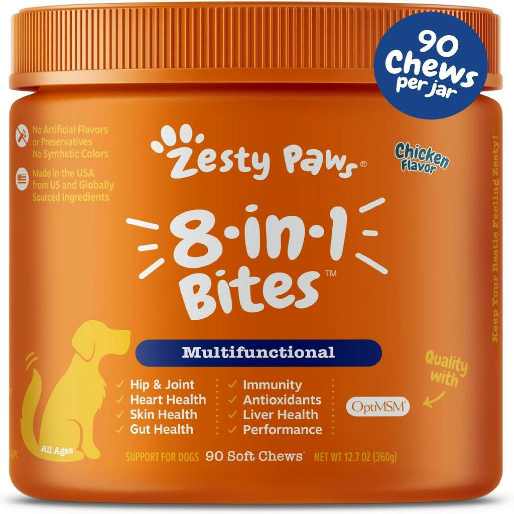 Zesty Paws 8-in-1 Dog Multivitamin – Chicken Flavored Soft Chews for Hip, Joint, Skin, Heart & Immune Health (90 ct)