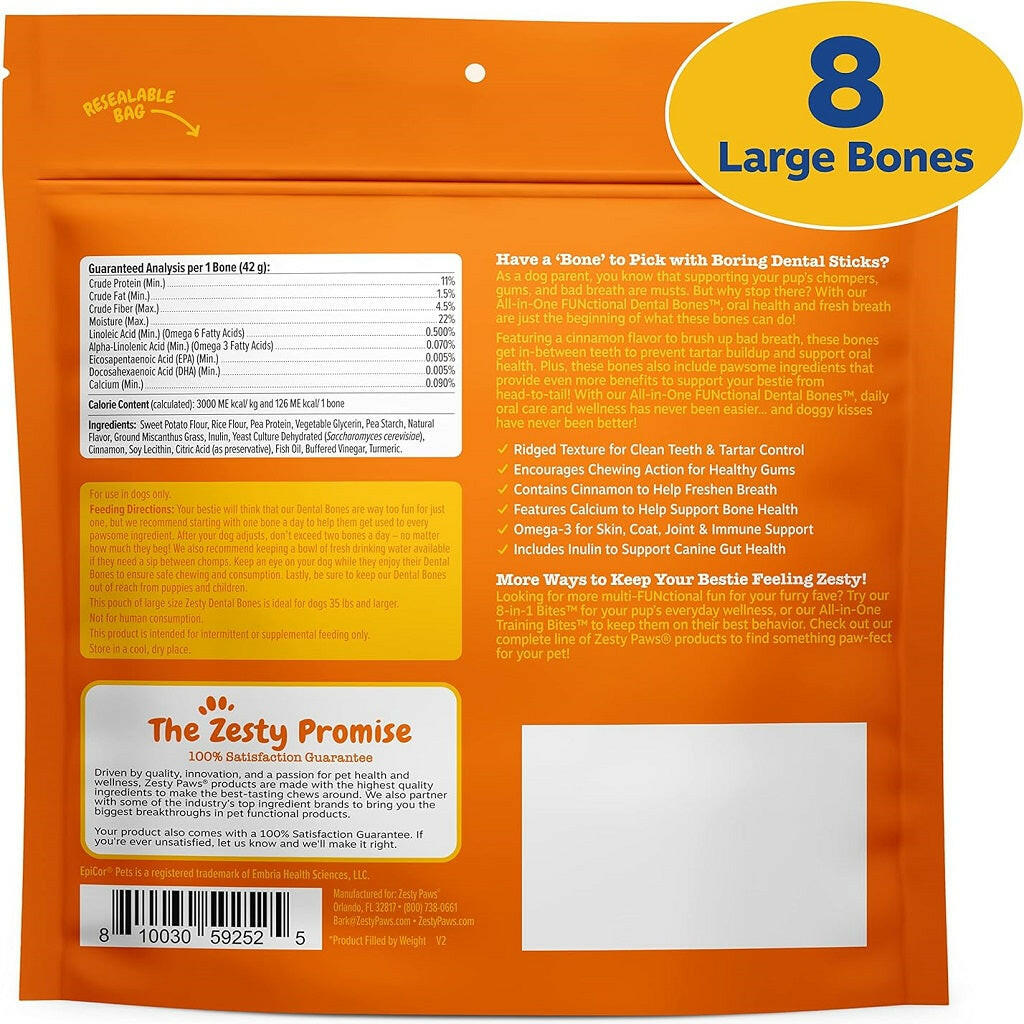 Zesty Paws All-in-One Dental Chews for Large Dogs – Functional Teeth, Breath & Bones (8 Ct)