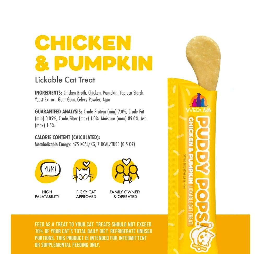 Weruva Puddy Pops Chicken & Pumpkin Lickable Cat Treats – Hydrating High-Protein Cat Treat Tubes