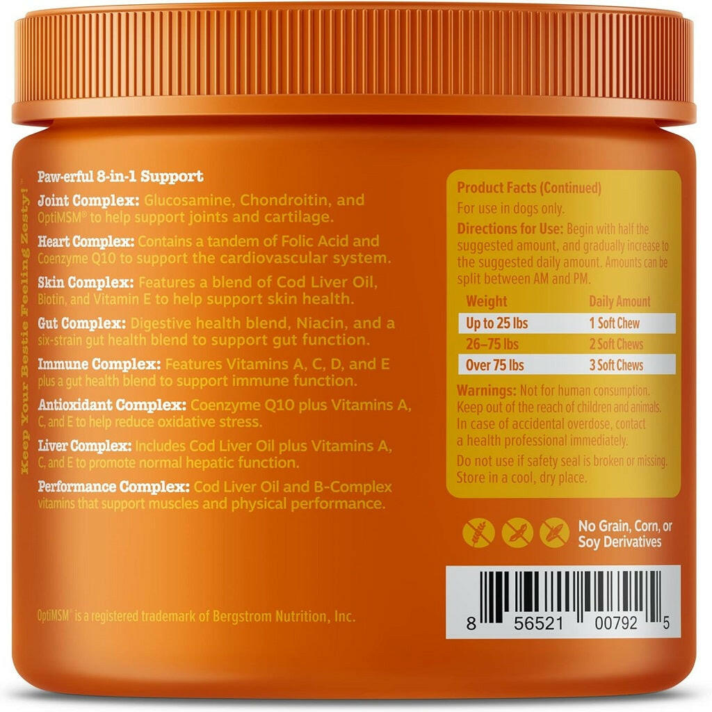Zesty Paws 8-in-1 Dog Multivitamin – Peanut Butter Flavored Soft Chews for Hip, Joint, Skin, Heart & Immune Health (90 ct)
