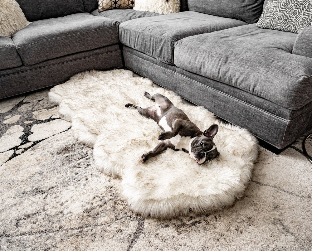 PupRug™ Runner Faux Fur Memory Foam Washable Luxury Pet Bed - White Curve Design with Brown Accents