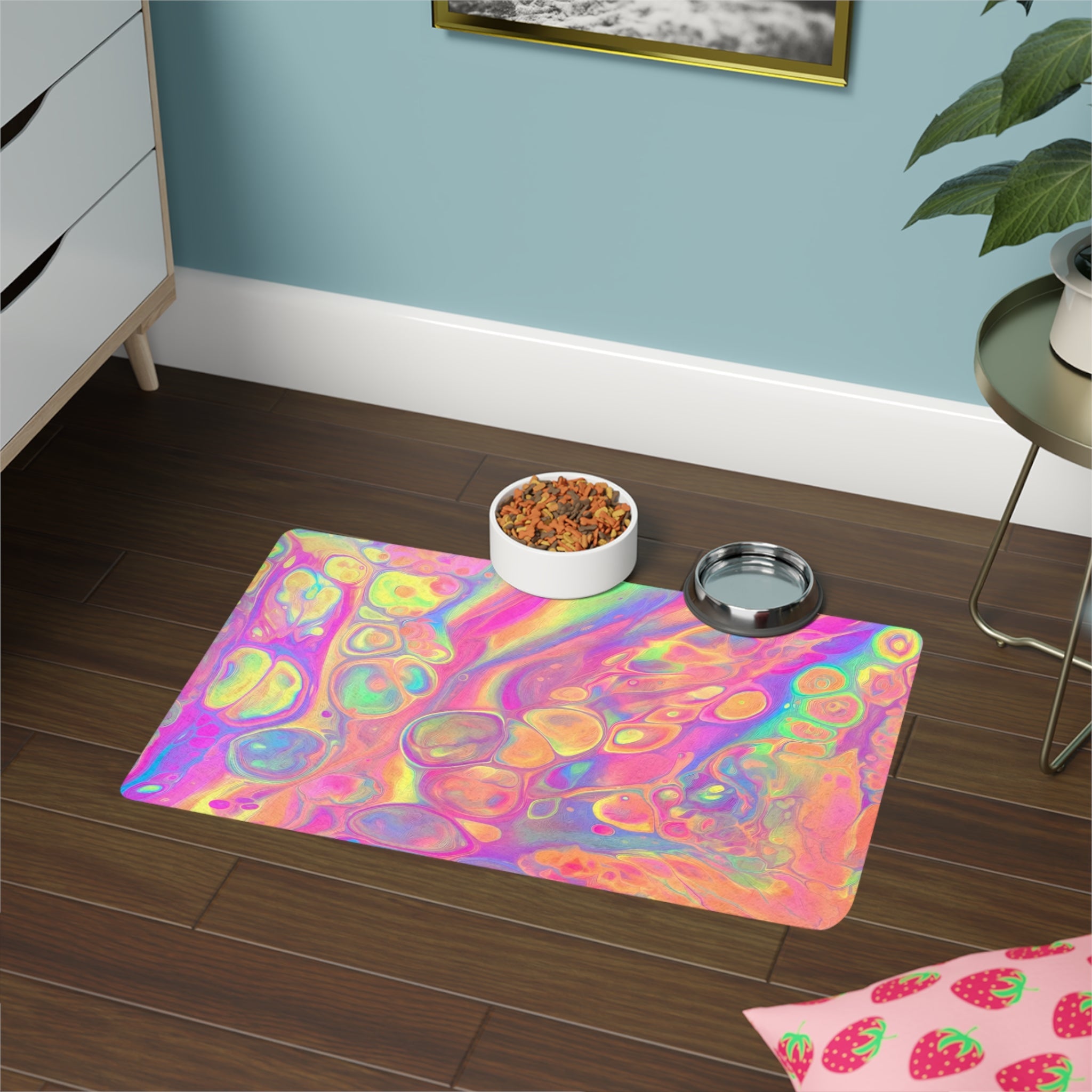 Bespattered Facade Rainbow Sherbet Pet Food Mat – Non-Slip Dog & Cat Feeding Mat, 12" x 18"