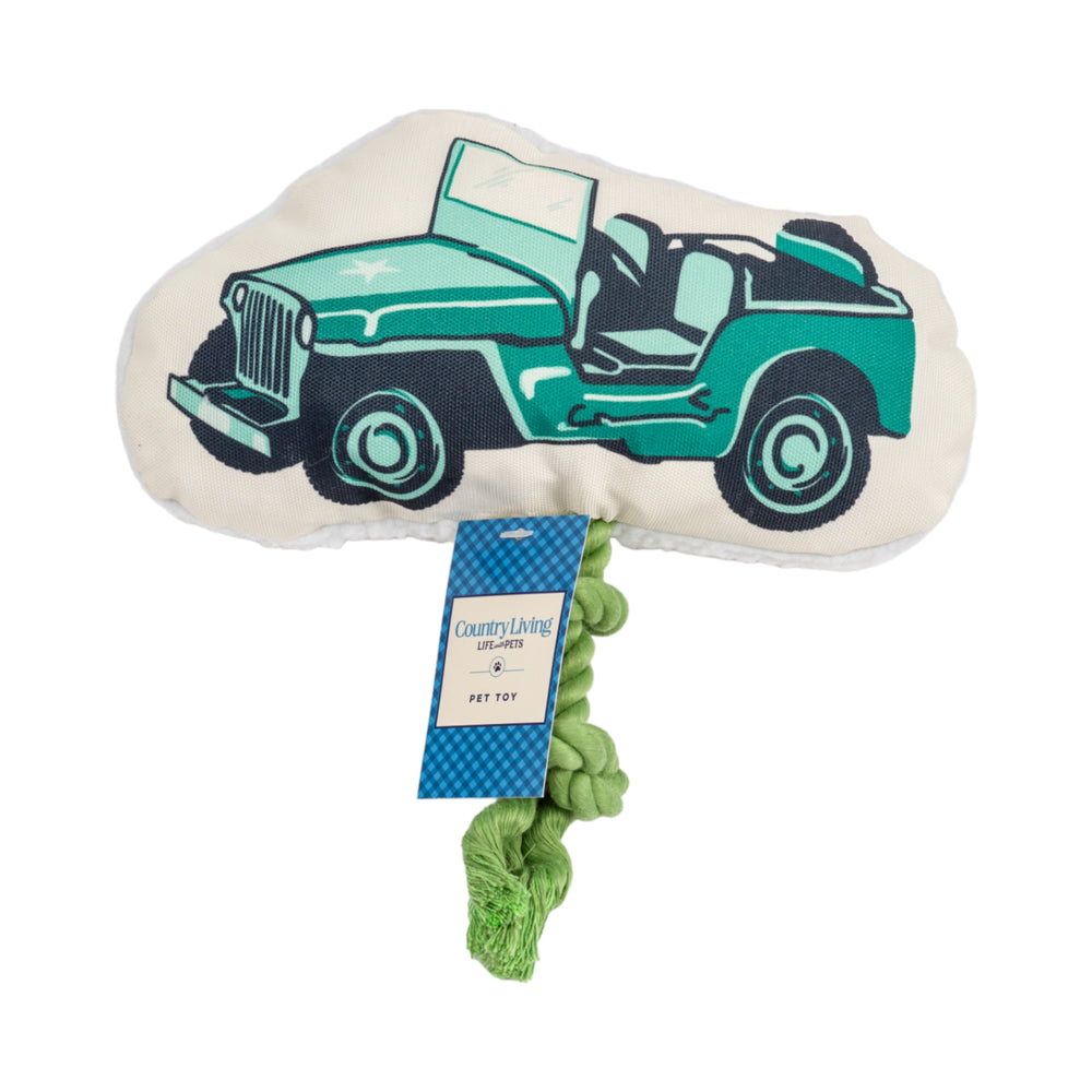 Country Living Retro Army Jeep Dog Toy – Plush Jeep with Squeaker, Crinkle Paper & Tug Rope