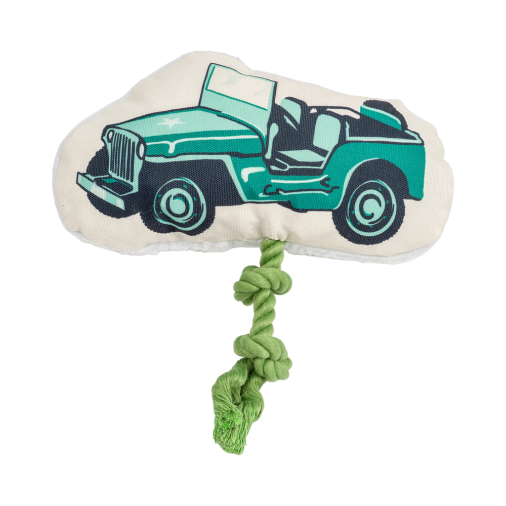 Country Living Retro Army Jeep Dog Toy – Plush Jeep with Squeaker, Crinkle Paper & Tug Rope
