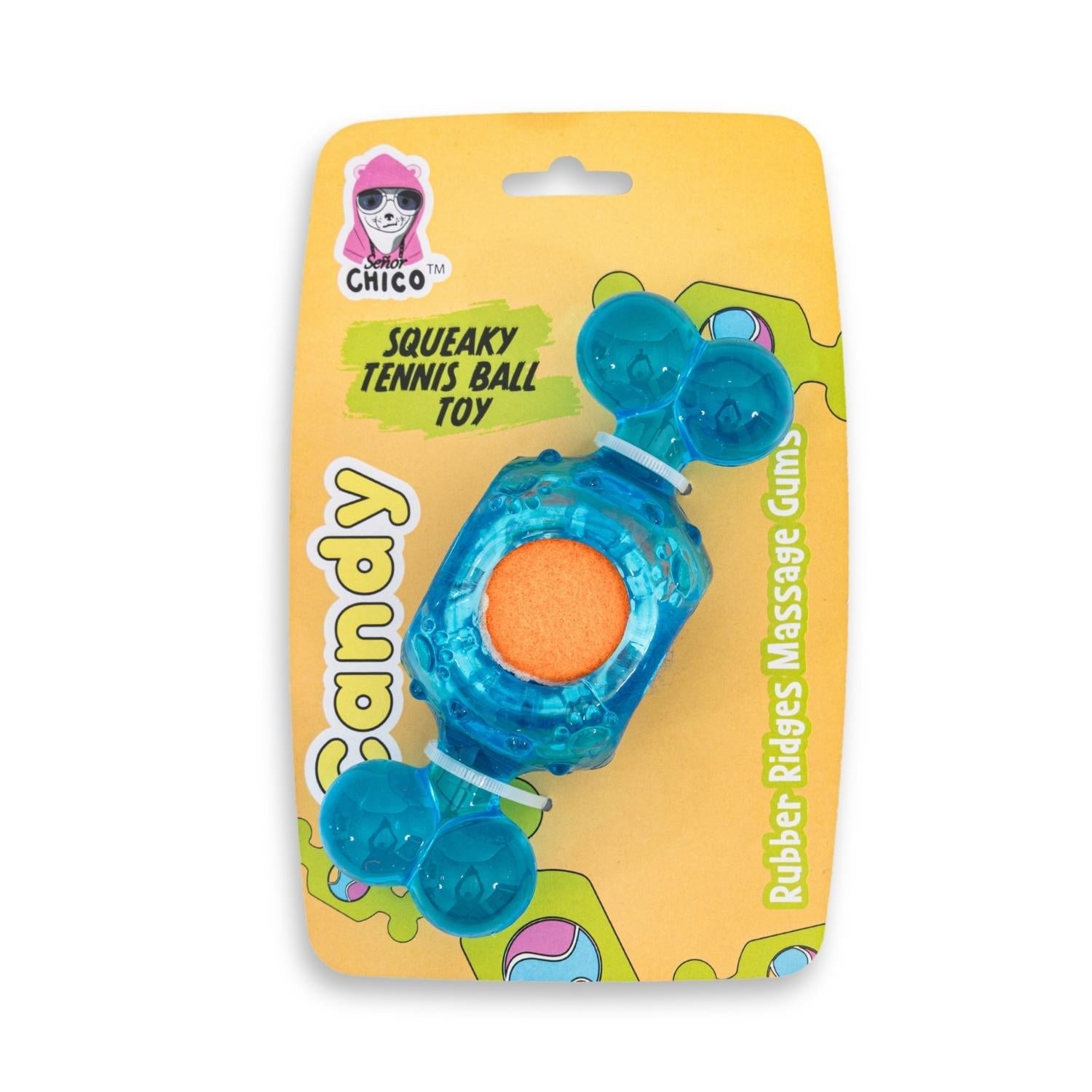 Blue Candy-Inspired Squeaky Dog Chew Toy with Tennis Ball – Durable TPR & Dental Support