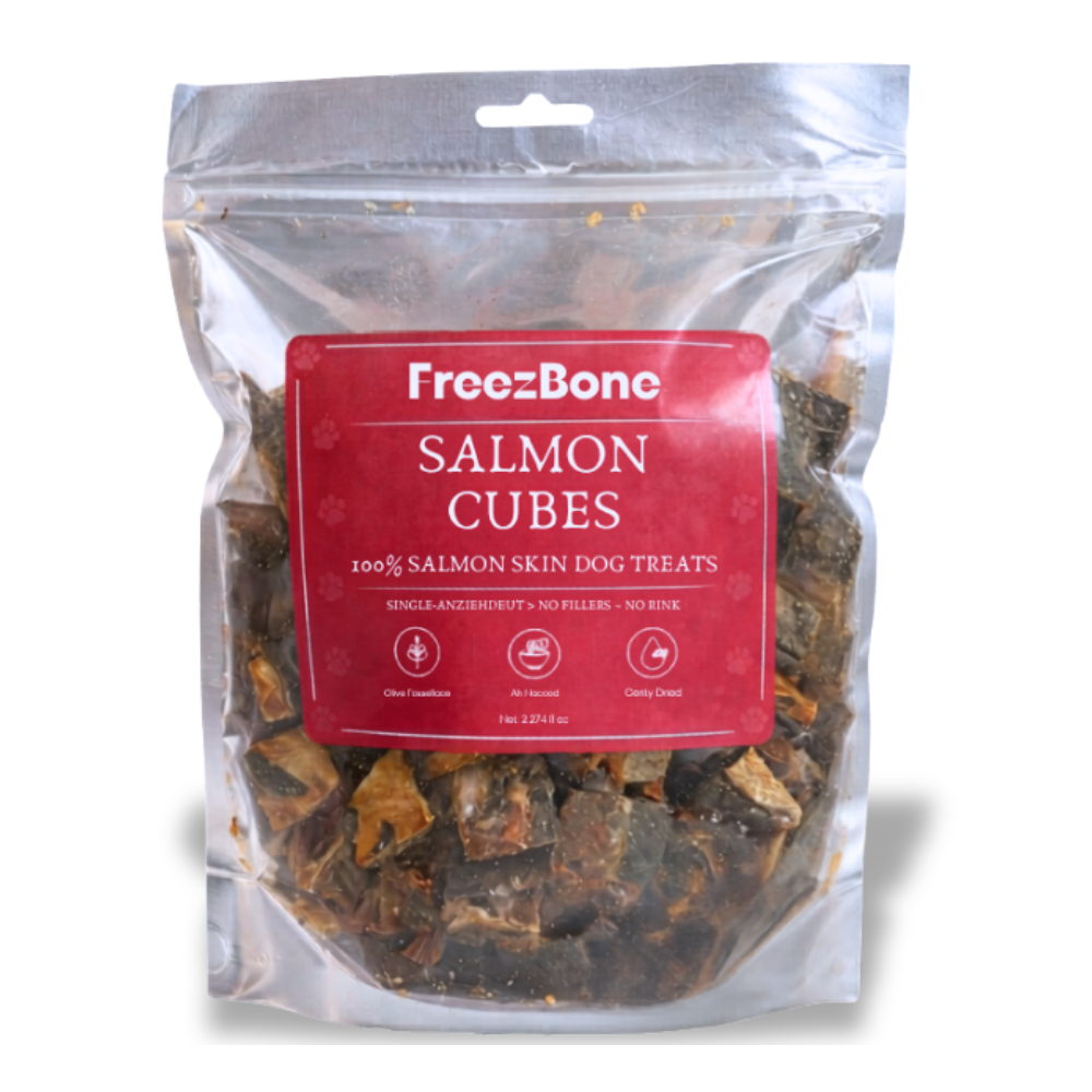 FreezeBone Salmon Skin Cubes Dog Treats – Single Ingredient Omega-Rich Crunchy Dog Treats (Value Size 8oz)