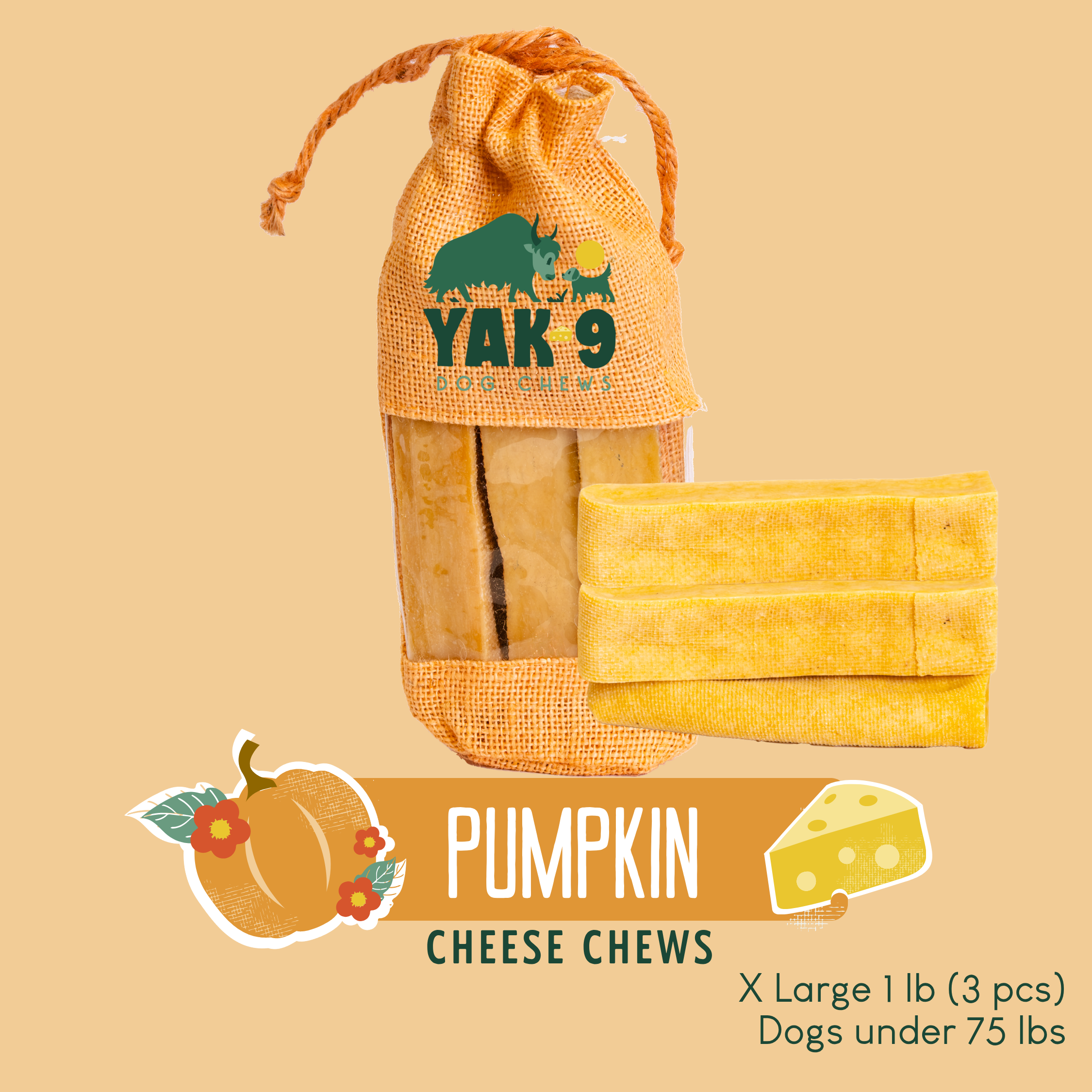 Yak9 Pumpkin Yay Yak Cheese Dog Chew – Long-Lasting Himalayan Yak Milk Chew with Organic Pumpkin