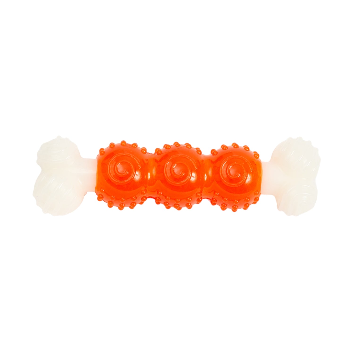 Country Living Bone-a-Treat Dog Chew Toy – Durable Nylon Rubber Chew with Orange Bulged Ball & Green Spiral Ring