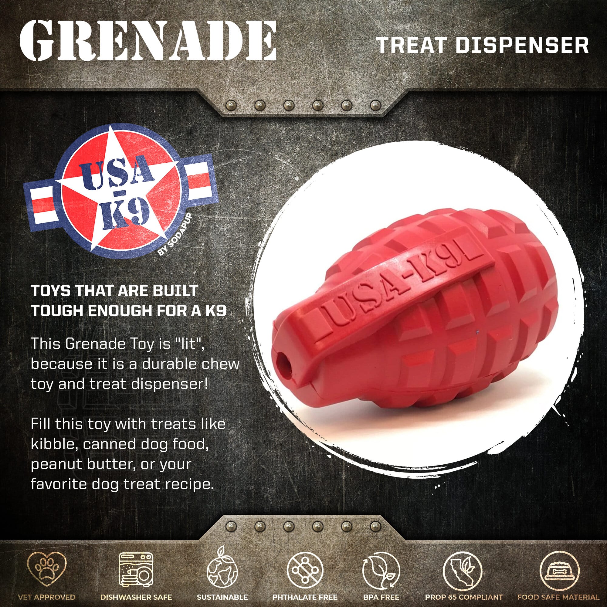 USA-K9 Grenade Dog Toy – Durable Rubber Treat Dispenser Chew Toy (Magnum Black)