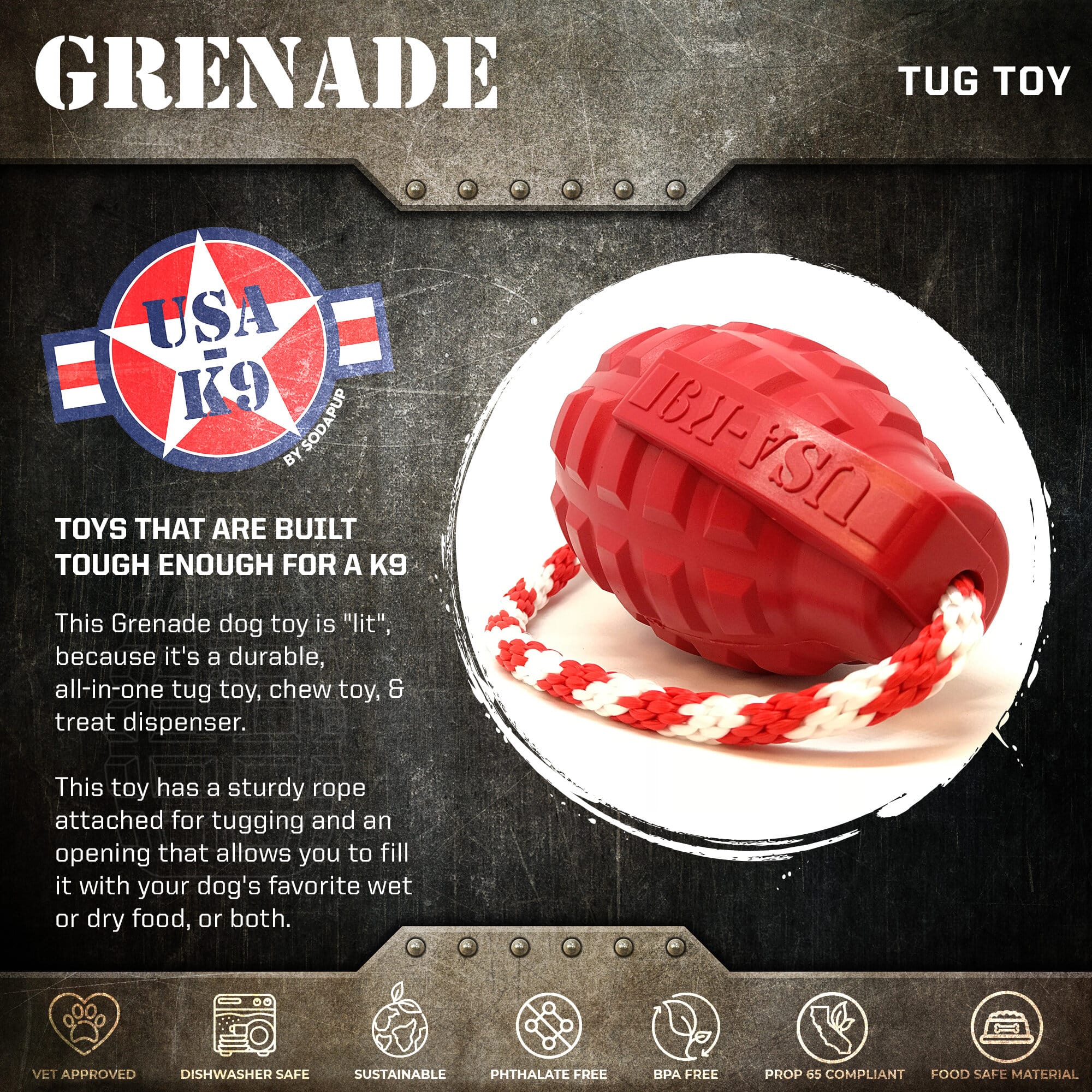 USA-K9 Grenade Dog Toy – Durable Natural Rubber Treat Dispensing Chew Toy for Aggressive Chewers