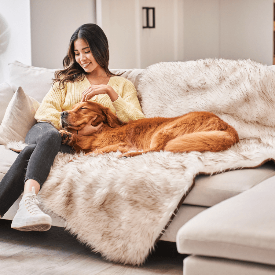 PupProtector™ Waterproof Dog Blanket – Durable, Washable, Throw Furniture Protector for Pets - White with Brown Accents