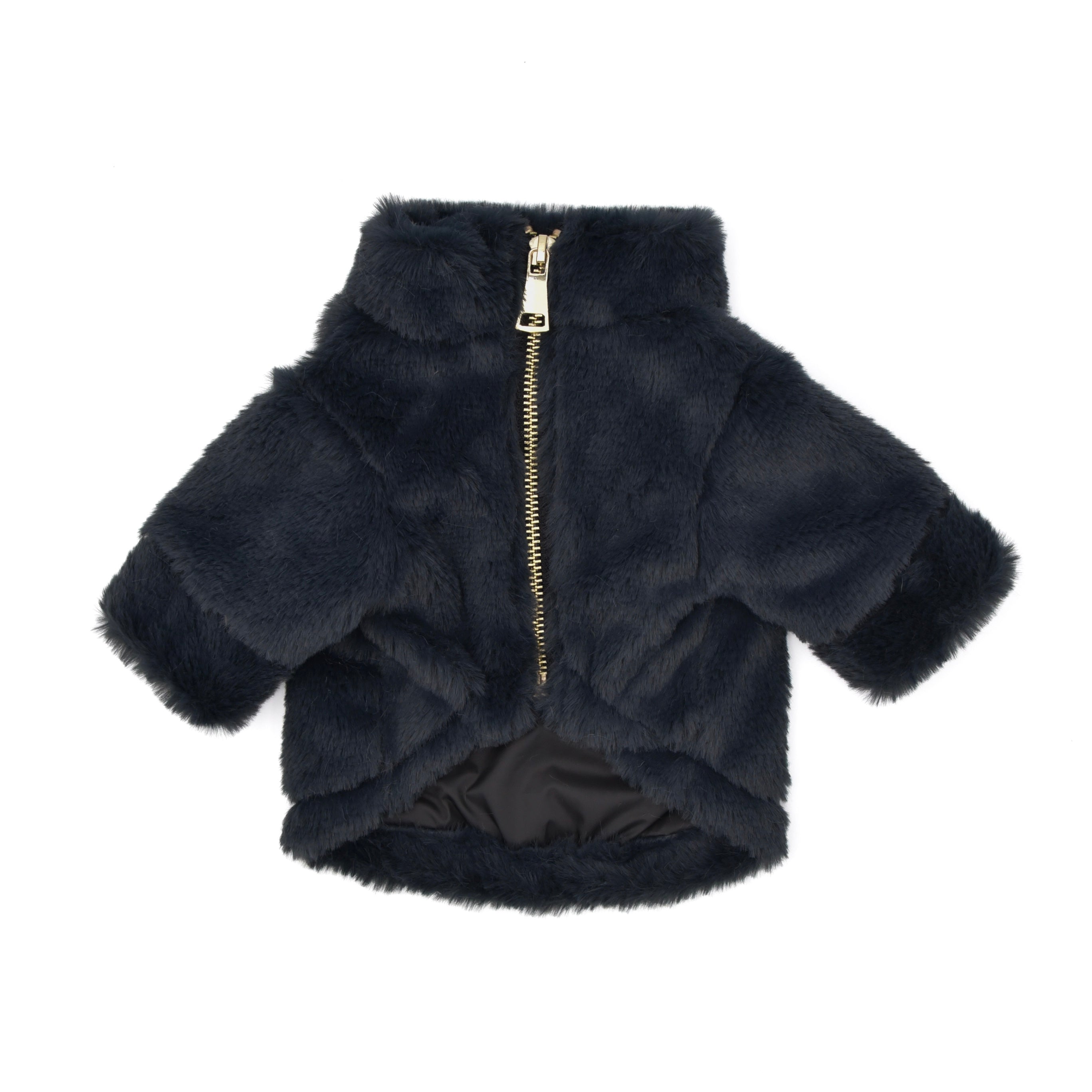 Furi Pet Noir Coat – Luxurious Faux Rabbit Fur Dog Jacket with Gold Zipper & Leash Opening