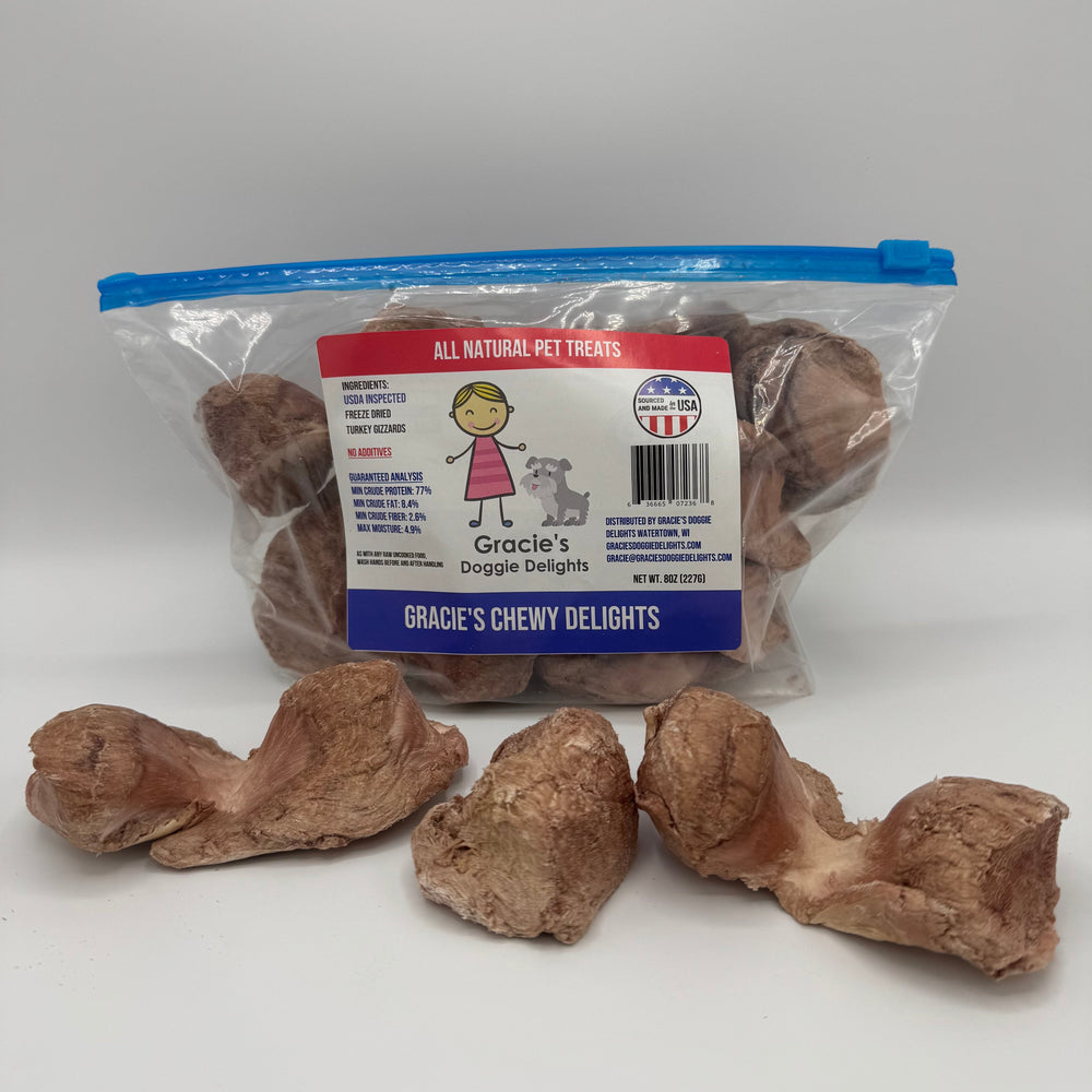 Gracie’s Chewy Turkey Gizzard Delights – Freeze-Dried Dog Chews (8 oz)