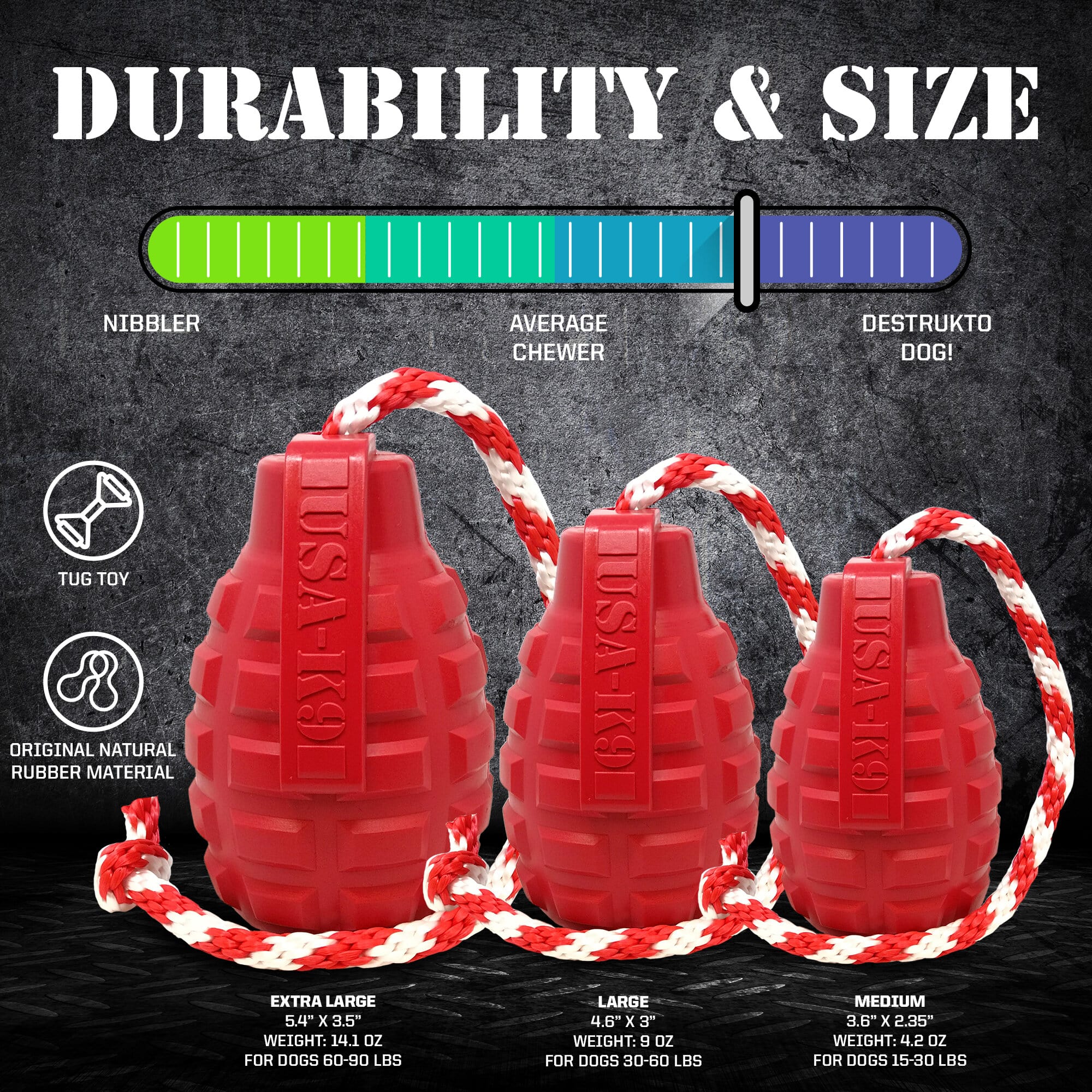 USA-K9 Grenade Dog Toy – Durable Natural Rubber Treat Dispensing Chew Toy for Aggressive Chewers