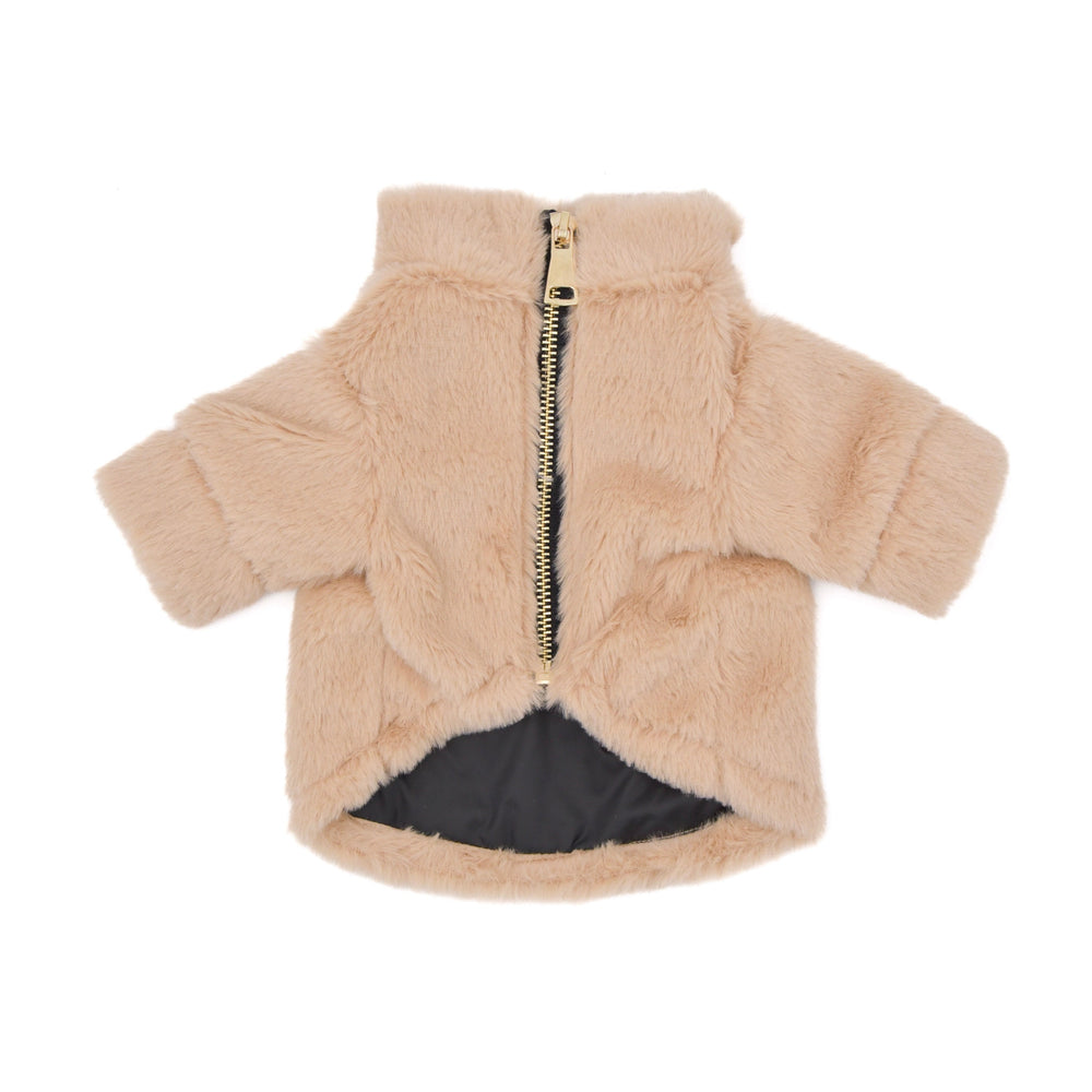 Furi Pet Sand Coat – Luxurious Faux Rabbit Fur Dog Jacket with Gold Zipper & Leash Opening