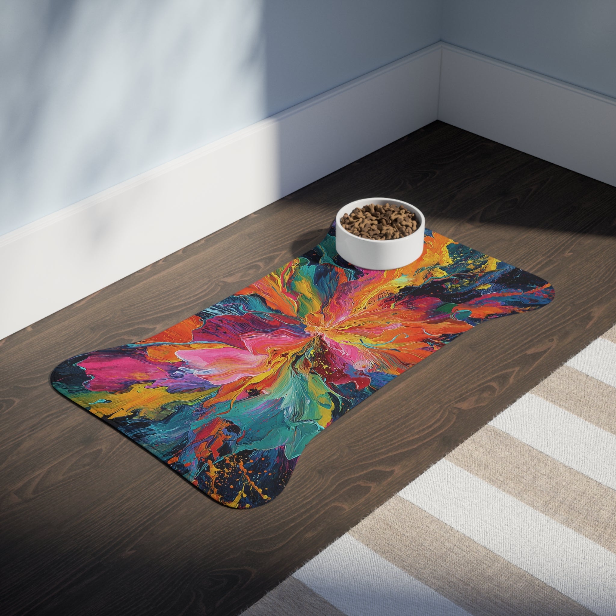 Bespattered Facade Colorful Paint Bloom Pet Feeding Mat – Absorbent Non-Slip Dog & Cat Food Mat