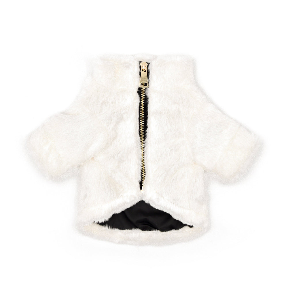 Furi Pet Bone Coat – Luxurious Faux Rabbit Fur Dog Jacket with Gold Zipper & Leash Opening