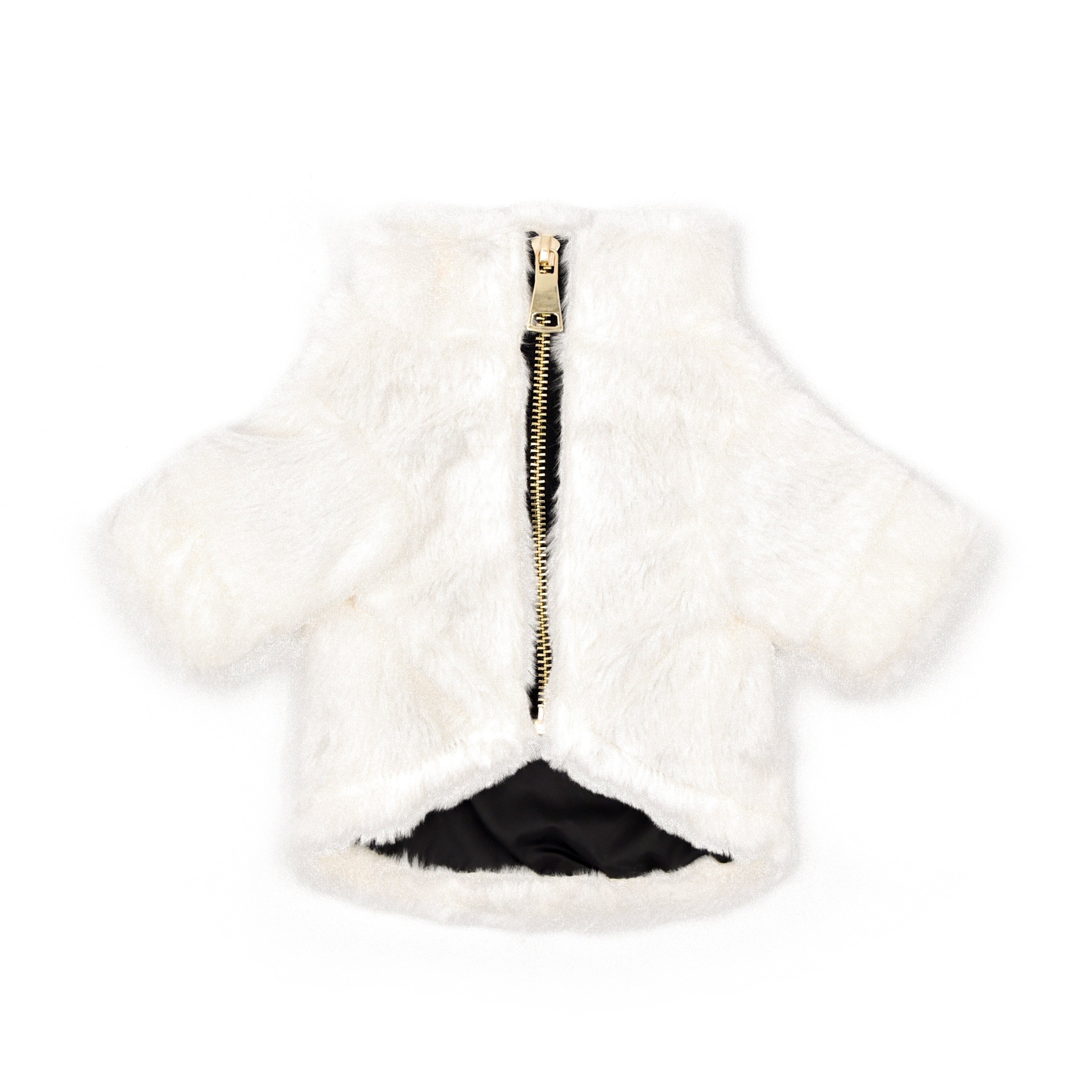 Furi Pet Bone Coat – Luxurious Faux Rabbit Fur Dog Jacket with Gold Zipper & Leash Opening
