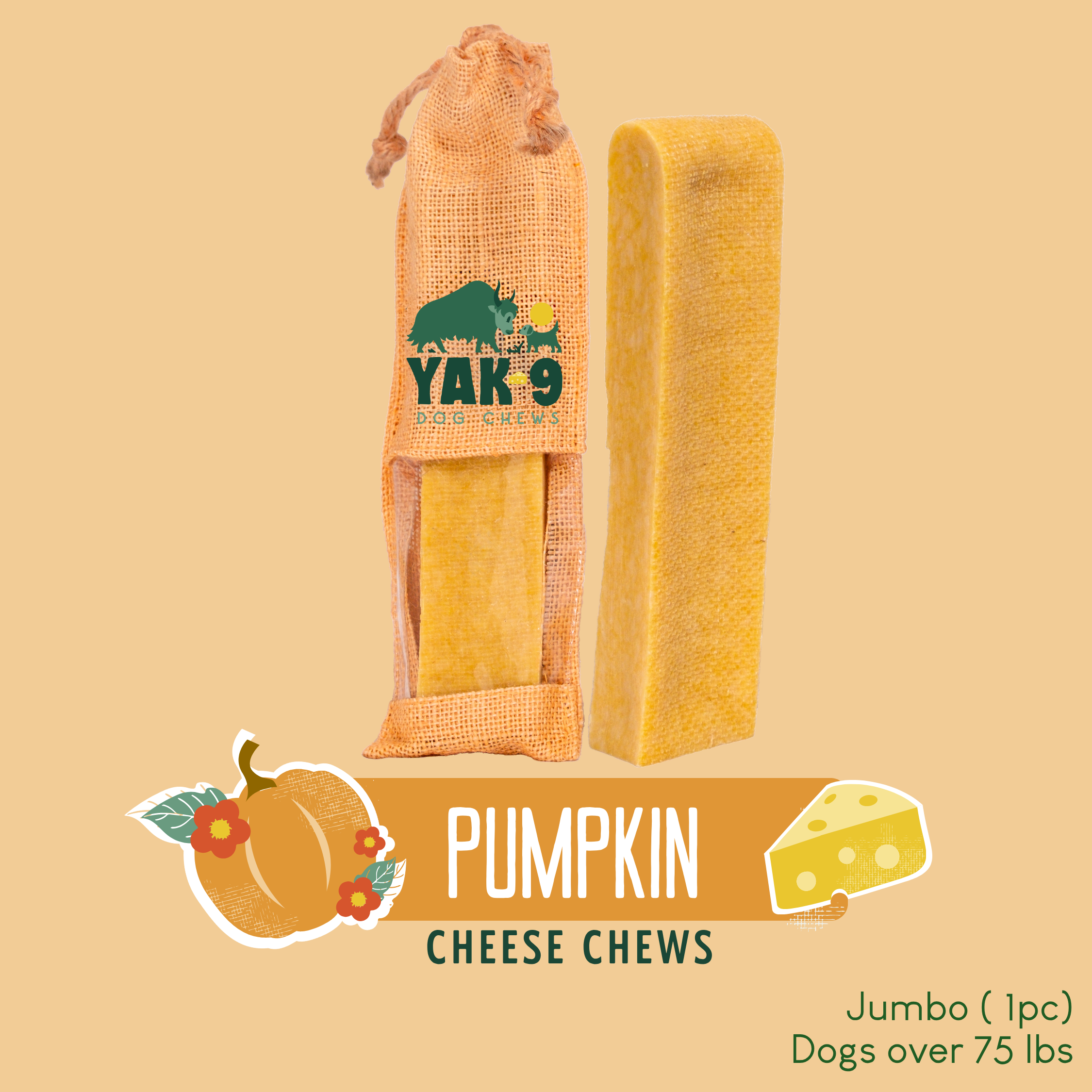 Yak9 Pumpkin Yay Yak Cheese Dog Chew – Long-Lasting Himalayan Yak Milk Chew with Organic Pumpkin