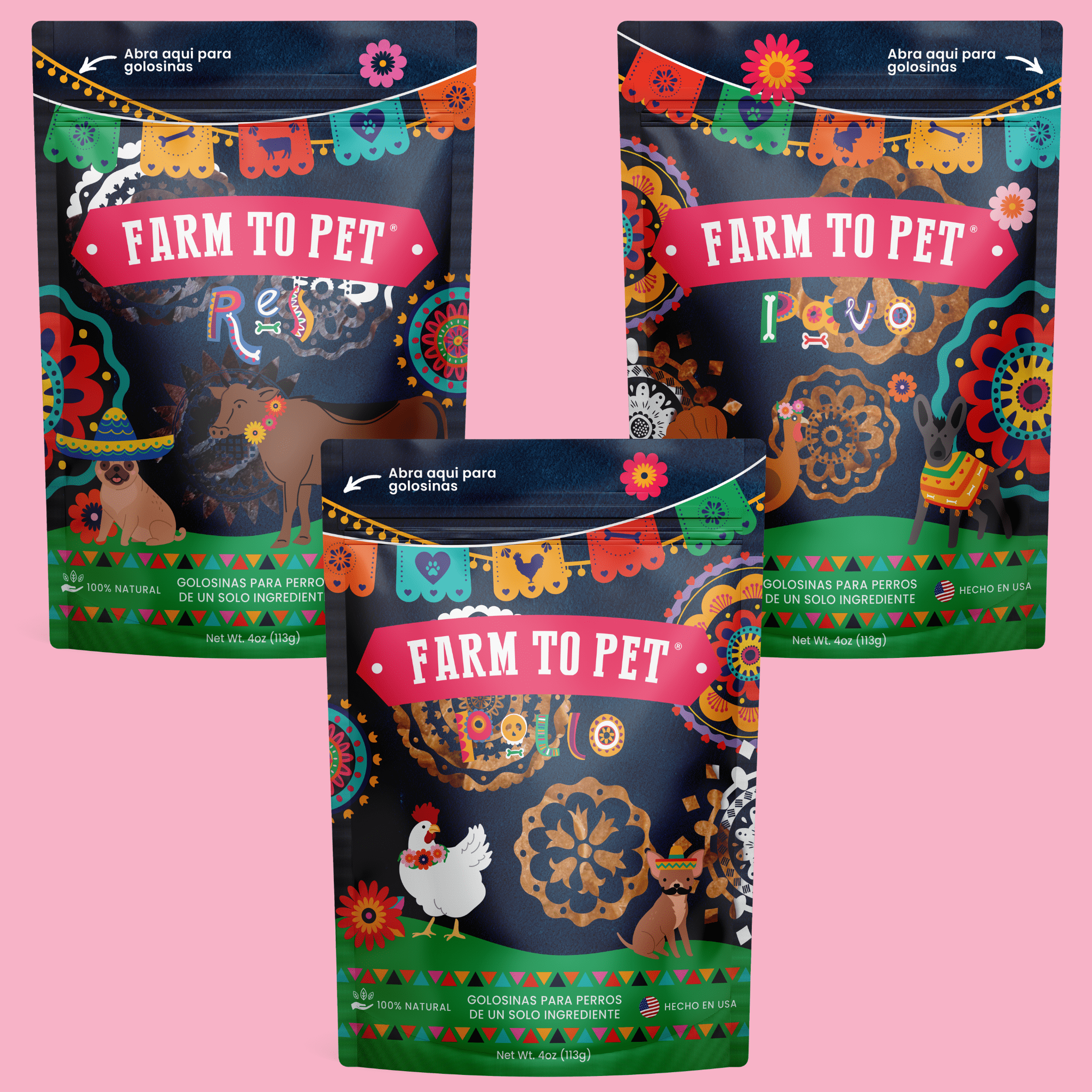 Farm to Pet Fiesta Pack Dog Treats – Single-Ingredient Chicken, Turkey & Beef Chips Variety Pack