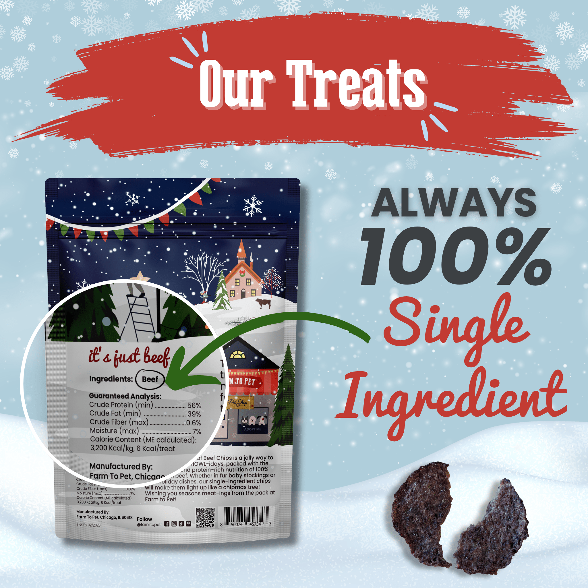 Farm to Pet Holiday Chips for Dogs and Cats – Single-Ingredient Beef & Fish Dog Treats 4oz (Limited Edition)