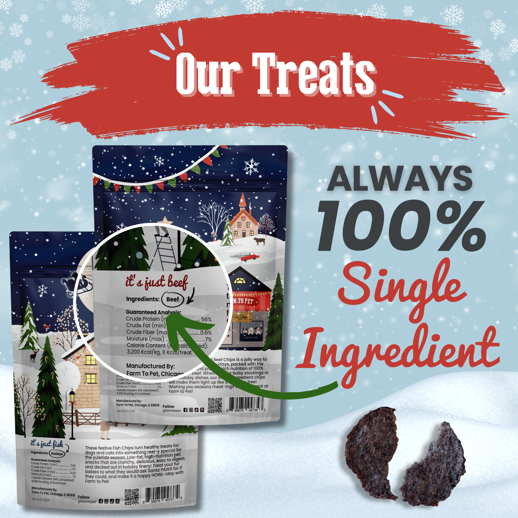 Farm to Pet Holiday Chips for Dogs and Cats – Single-Ingredient Beef & Fish Dog Treats 4oz (Limited Edition)