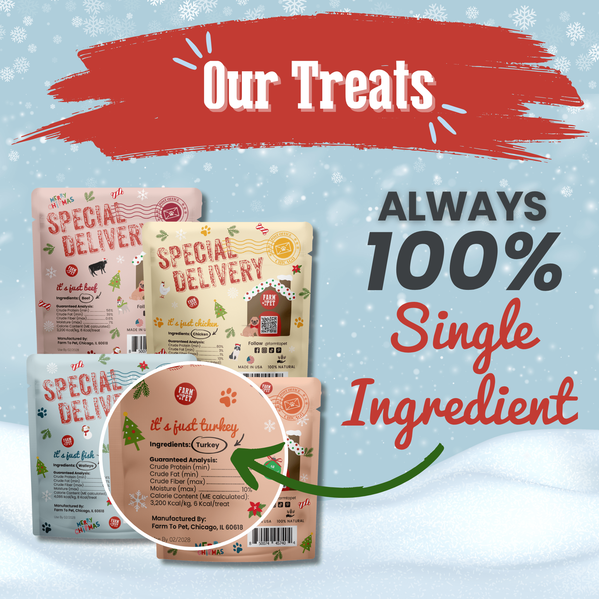 Holiday Snack Stuffer Bundles – 12 or 24 Pack Single-Ingredient Dog & Cat Treat Bags