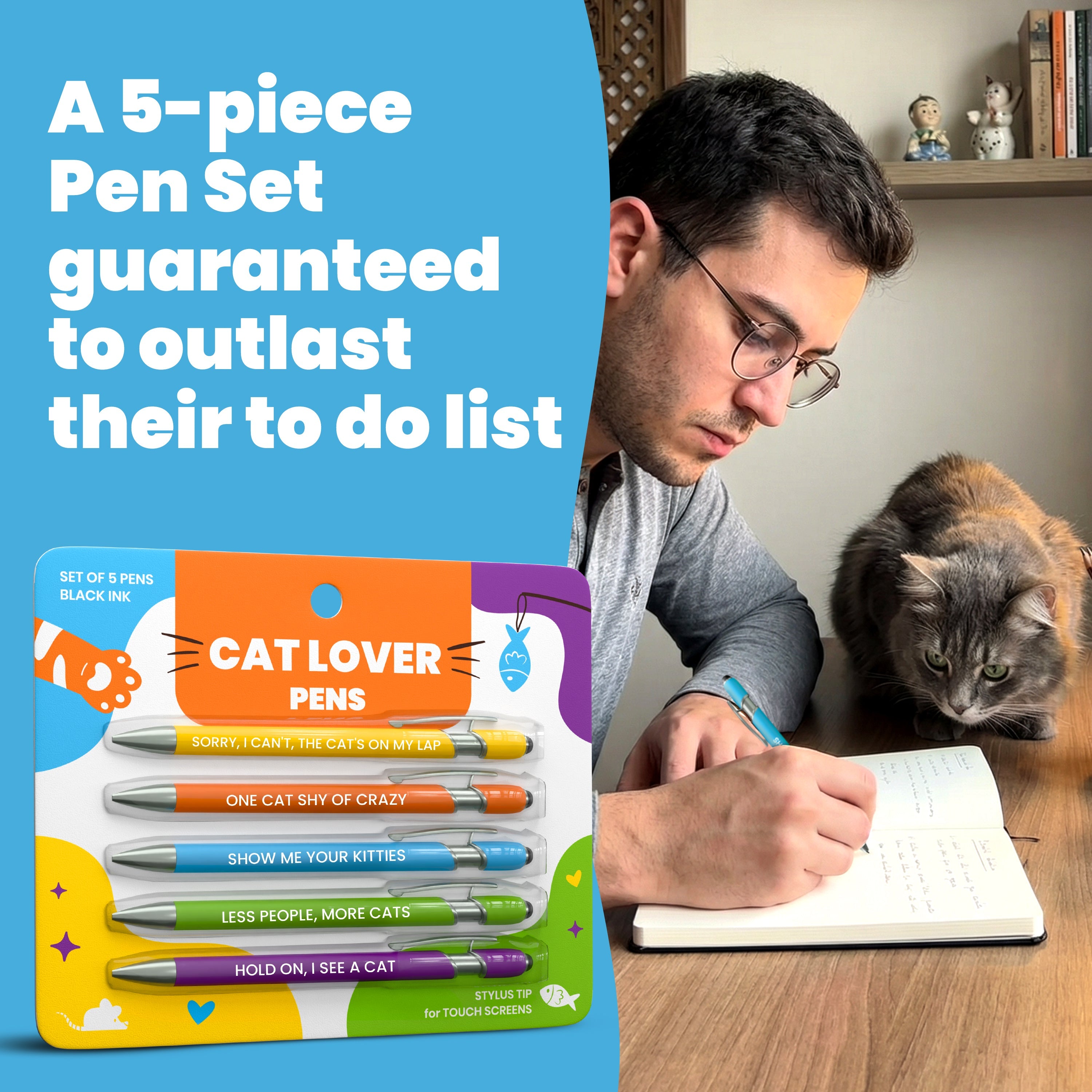 Funny Cat Pens Set with Stylus – Cute Gift Pens for Cat Lovers, Cat Moms & Cat Dads