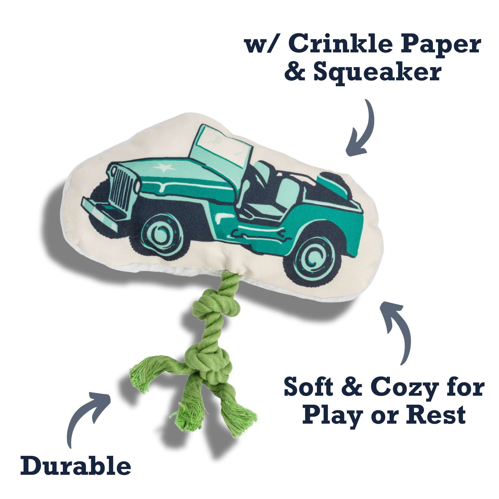 Country Living Retro Army Jeep Dog Toy – Plush Jeep with Squeaker, Crinkle Paper & Tug Rope
