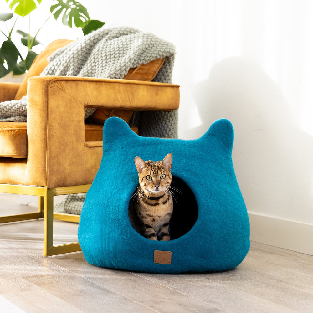 Ocean Blue Felt Cat Cave with Ear Design – Cozy Bed for Cats & Kittens