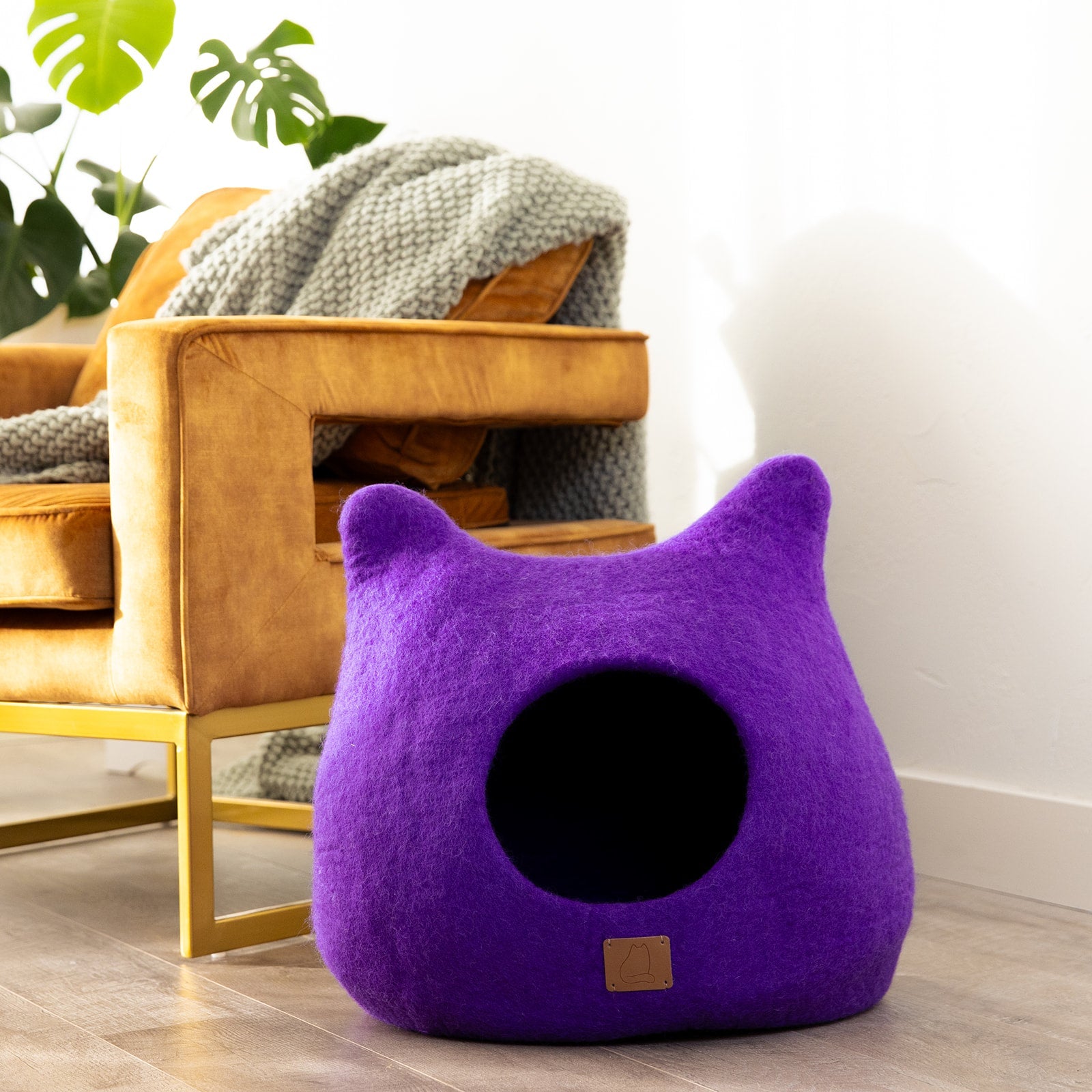 Plum Purple Ear Style Cave Cat Bed | Luxury Felted Wool Cat Cave