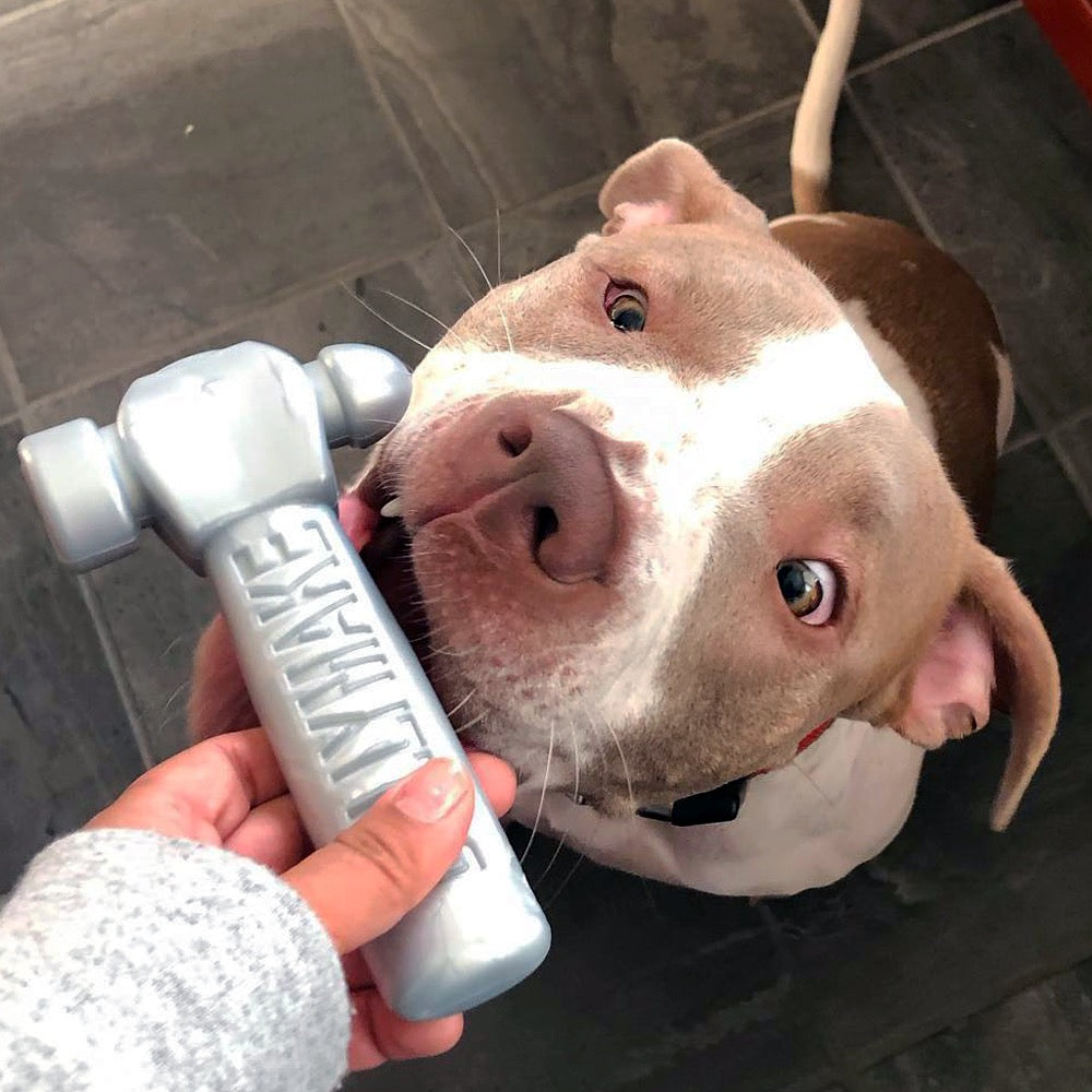 BULLYMAKE Toss ’N Treat Hammer – Beef-Flavored Durable Chew Toy for Power Chewers