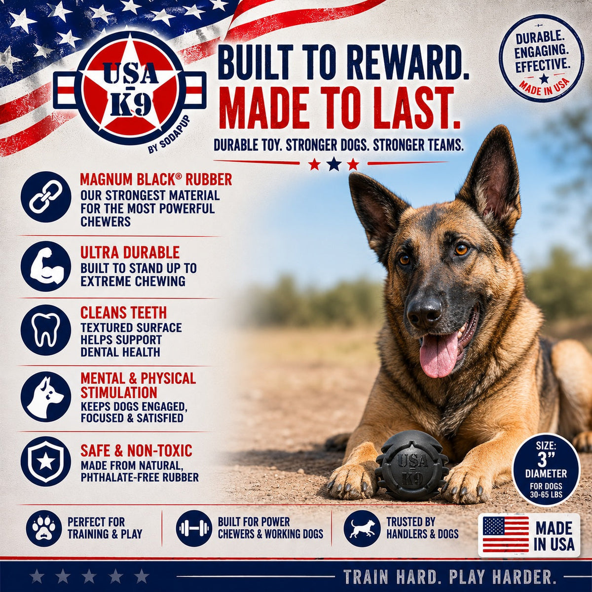 USA-K9 Stars & Stripes Magnum Black Dog Toy – Extreme Chewer Ball & Treat Dispenser