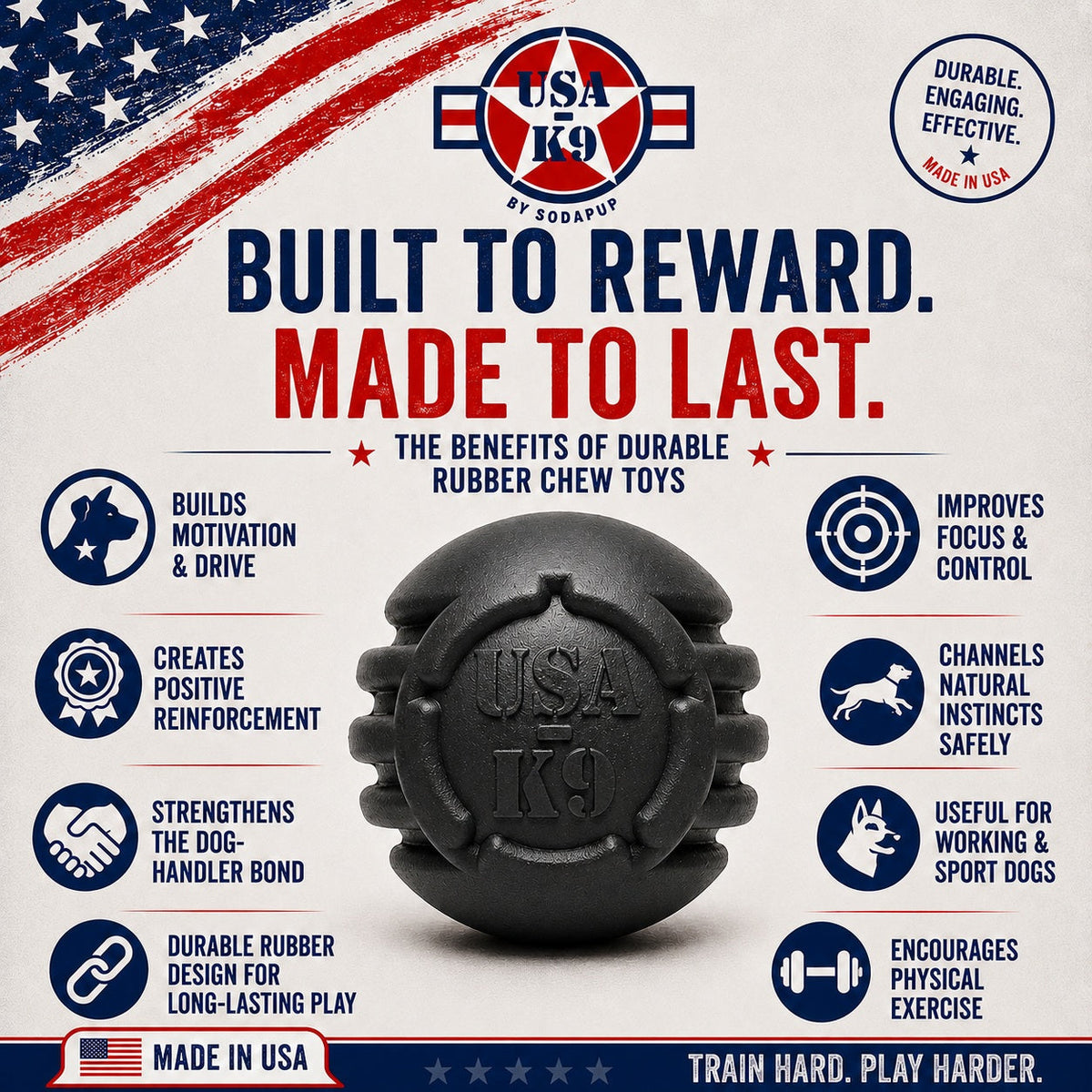 USA-K9 Stars & Stripes Magnum Black Dog Toy – Extreme Chewer Ball & Treat Dispenser