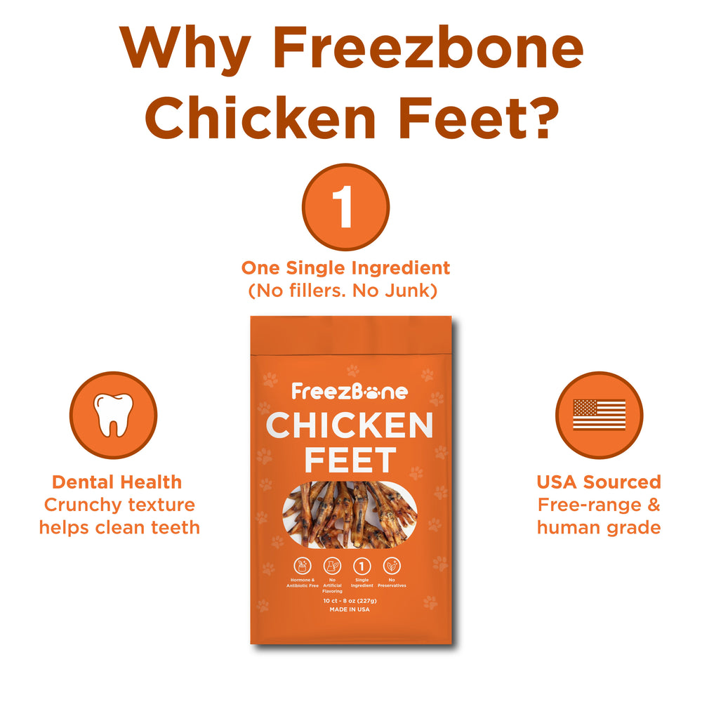 Freezbone Whole Chicken Feet – Human-Grade Single-Ingredient Dental Treats for Dogs