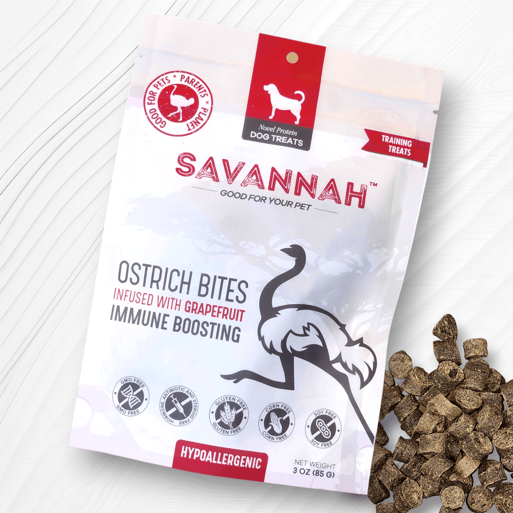 Savannah Ostrich Bites with Grapefruit (3oz) – Hypoallergenic, Immune-Boosting Dog Treats Packed with Flavor