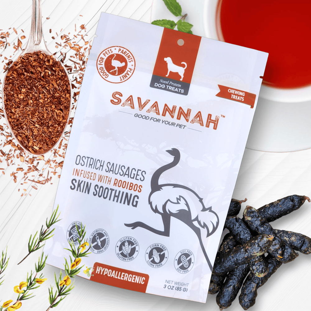 Savannah Ostrich Sausages with Rooibos (3oz) – Hypoallergenic Dog Treats for Skin & Allergy Support